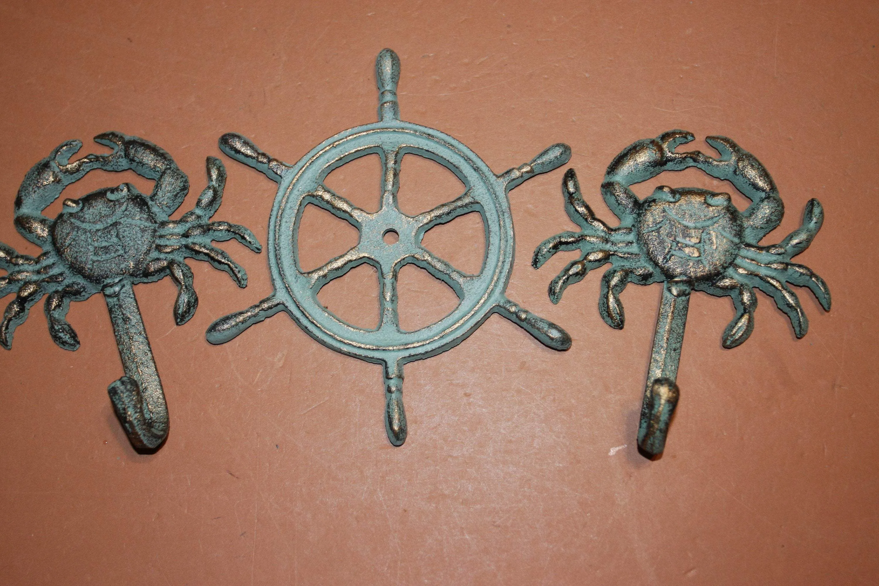 3) Finish Nautical Cast Iron Wall Decor, Ships Wheel Wall Plaque, Crab Wall Hook Set, Antiqued Look Cast Iron Set
