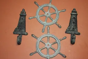 4) Nautical Theme Wall Decor Set, Lighthouse Coat Hat Wall Hook, Ships Wheel Wall Plaque, Set of 4 Bronze Look Cast Iron, Maritime