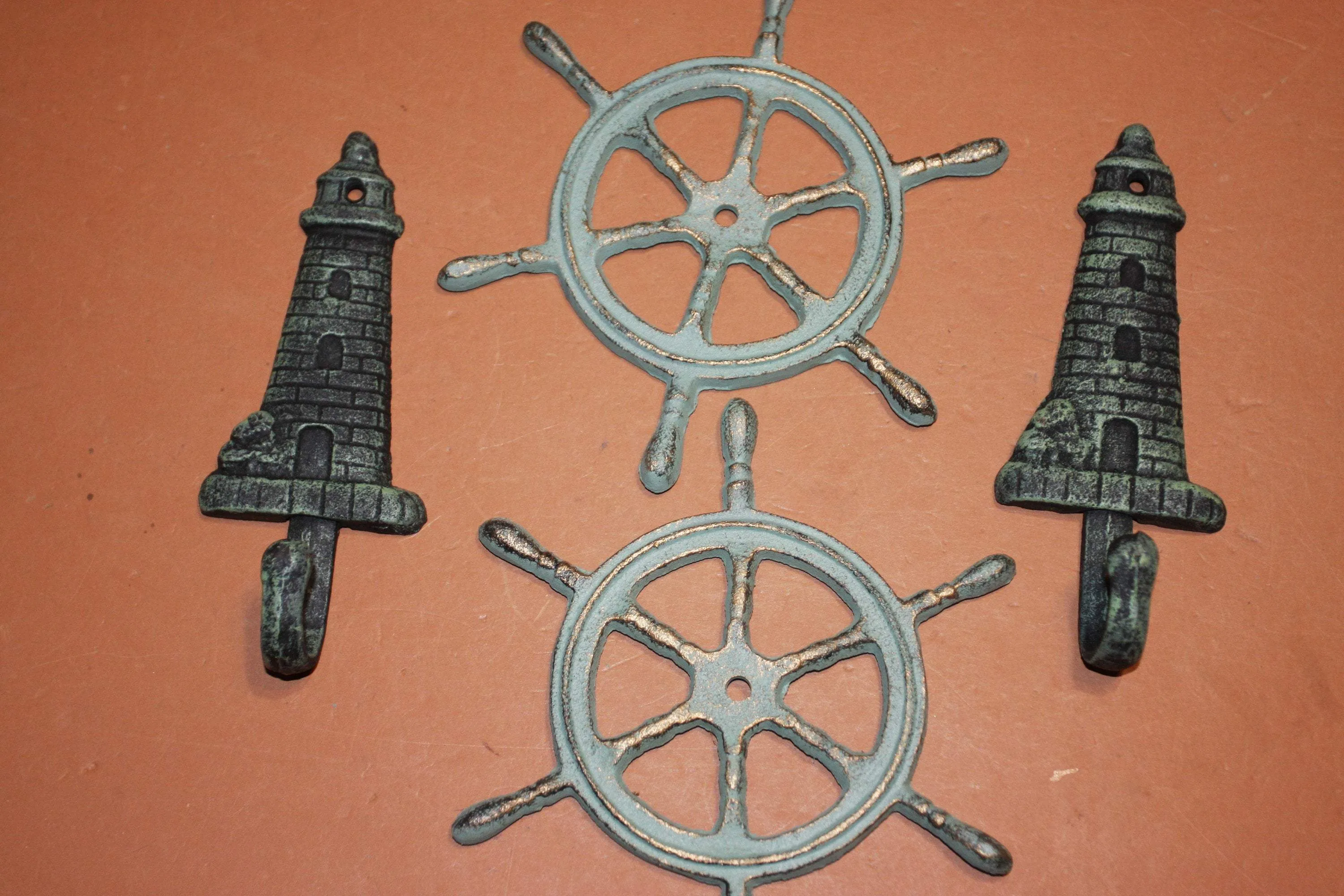 4) Nautical Theme Wall Decor Set, Lighthouse Coat Hat Wall Hook, Ships Wheel Wall Plaque, Set of 4 Bronze Look Cast Iron, Maritime