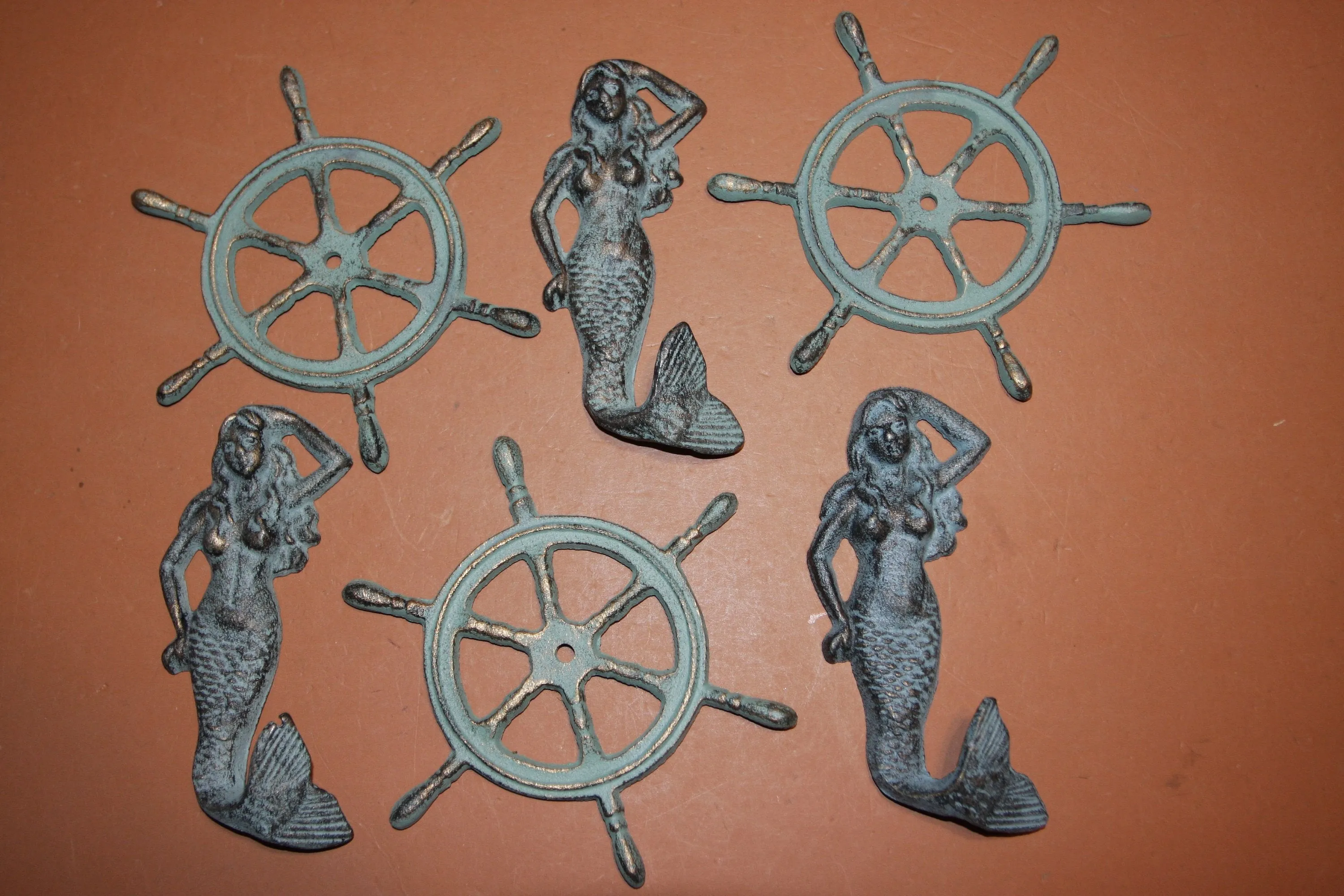 6) Mystical Sailor Mermaid Wall Decor Set of 6, Mermaid wall hooks, Ships Wheel Wall Plaque, Bronze Look Cast Iron