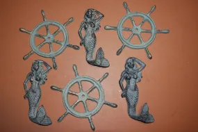 6) Mystical Sailor Mermaid Wall Decor Set of 6, Mermaid wall hooks, Ships Wheel Wall Plaque, Bronze Look Cast Iron