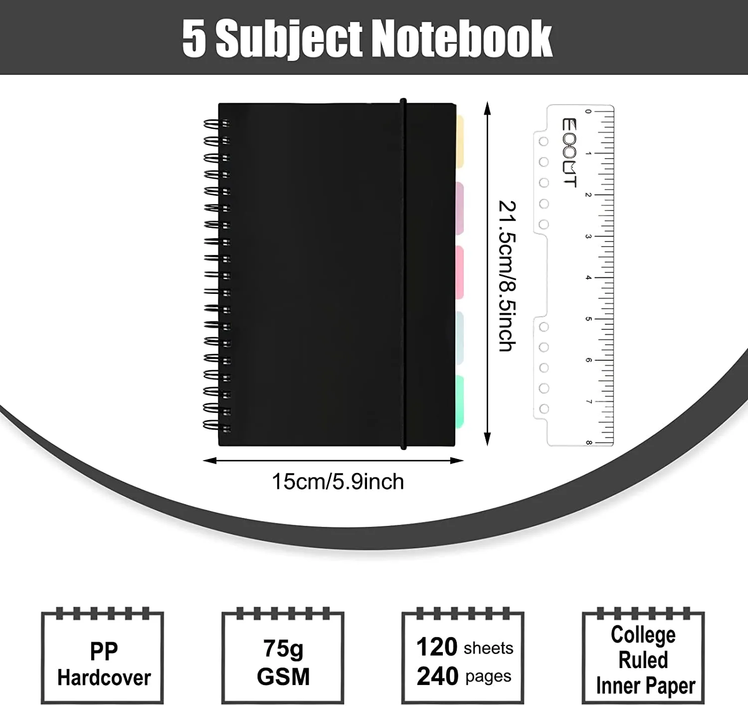 A5 Subject Spiral Notebooks with Tabs, 8.3 X 5.5 Inches, Notebooks for Work, 5 Colored Dividers, Spiral Lined, 240 Pages, for School, Journal, Office Supplies and Home