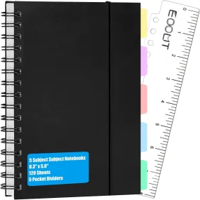 A5 Subject Spiral Notebooks with Tabs, 8.3 X 5.5 Inches, Notebooks for Work, 5 Colored Dividers, Spiral Lined, 240 Pages, for School, Journal, Office Supplies and Home