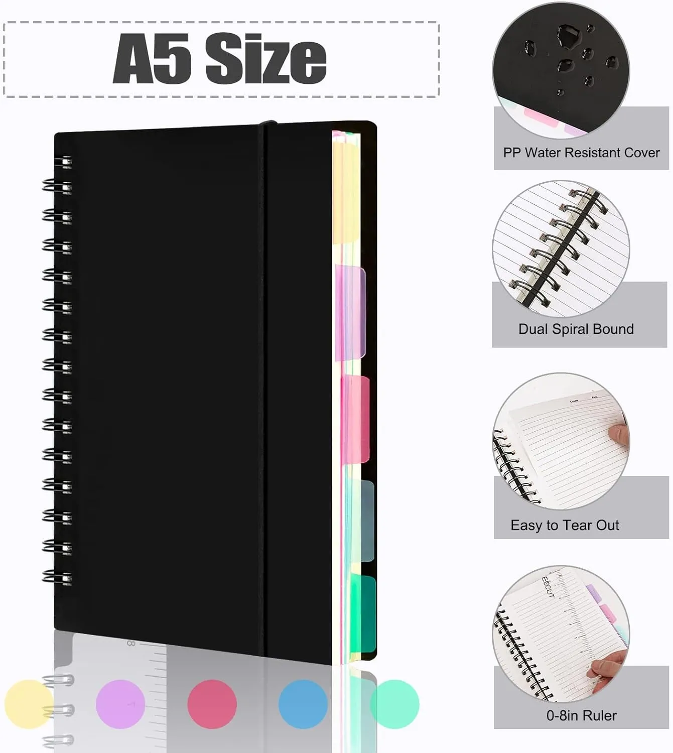 A5 Subject Spiral Notebooks with Tabs, 8.3 X 5.5 Inches, Notebooks for Work, 5 Colored Dividers, Spiral Lined, 240 Pages, for School, Journal, Office Supplies and Home