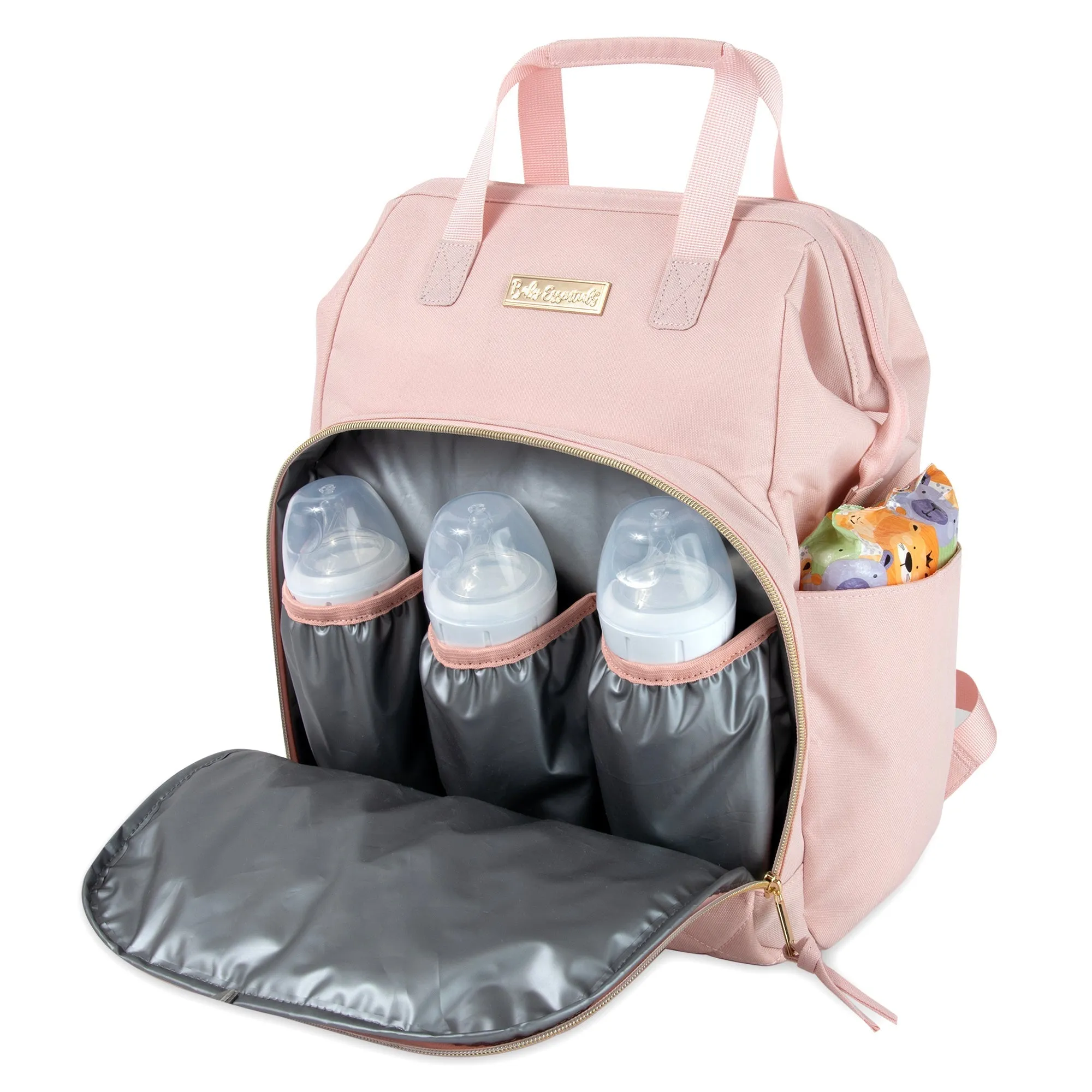 Baby Essentials Wide Opening Diaper Bag Backpack With Changing Pad And Stroller Straps - Pink