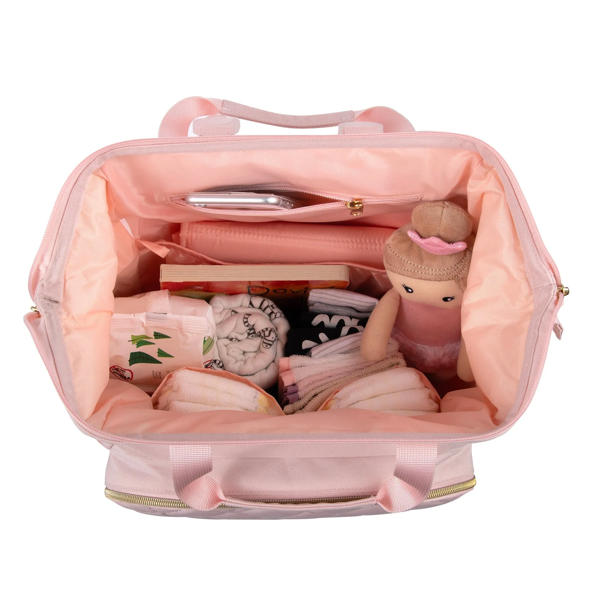 Baby Essentials Wide Opening Diaper Bag Backpack With Changing Pad And Stroller Straps - Pink