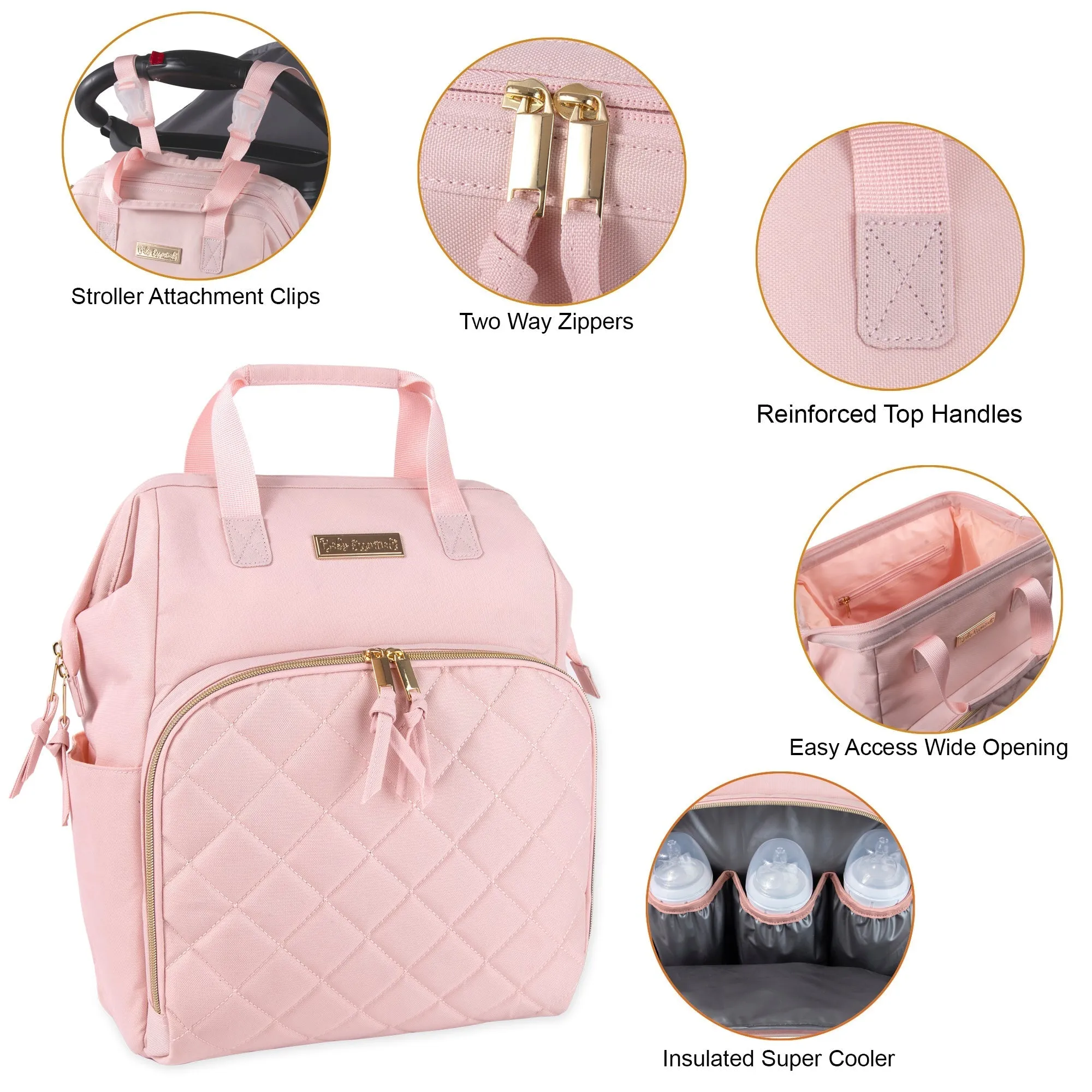 Baby Essentials Wide Opening Diaper Bag Backpack With Changing Pad And Stroller Straps - Pink