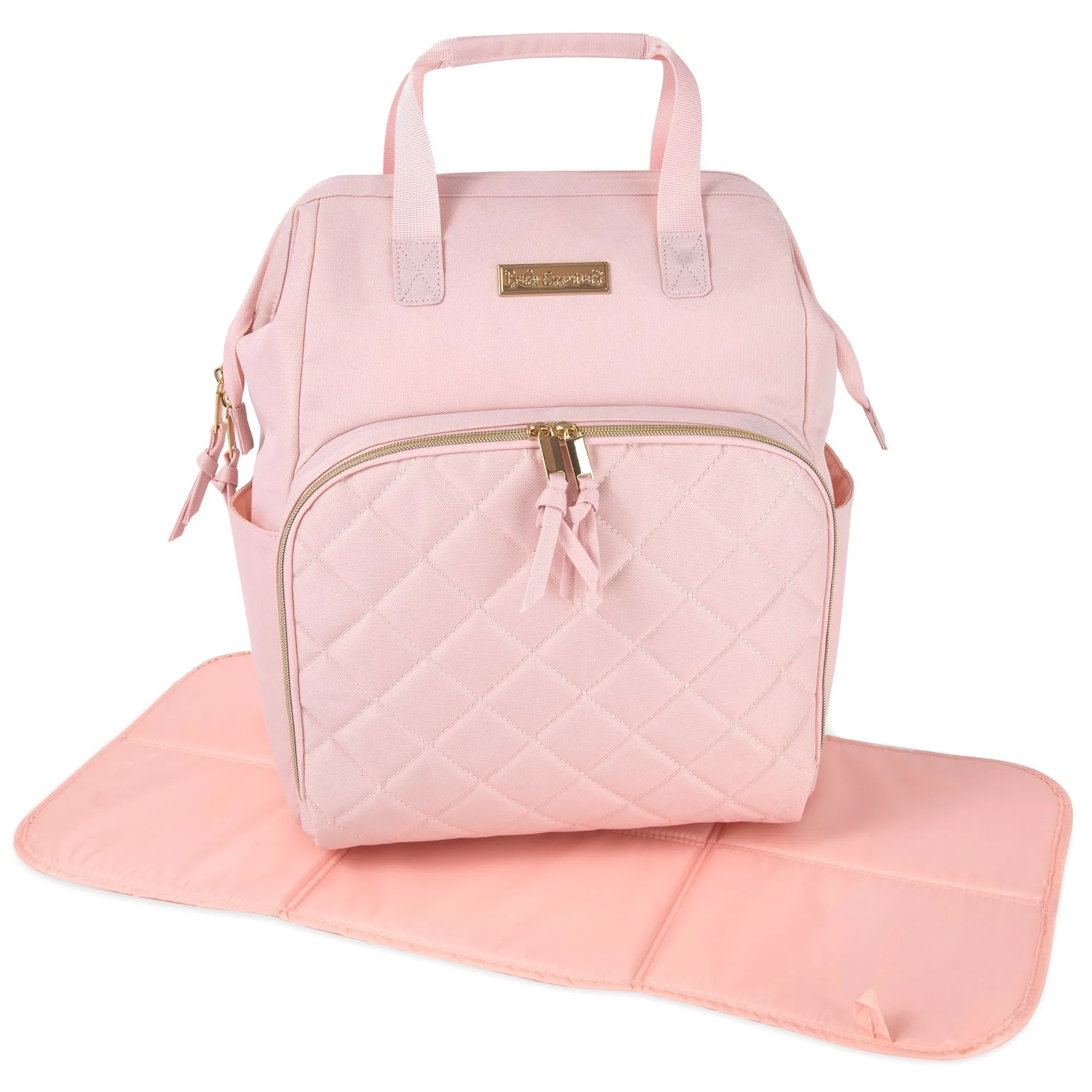 Baby Essentials Wide Opening Diaper Bag Backpack With Changing Pad And Stroller Straps - Pink