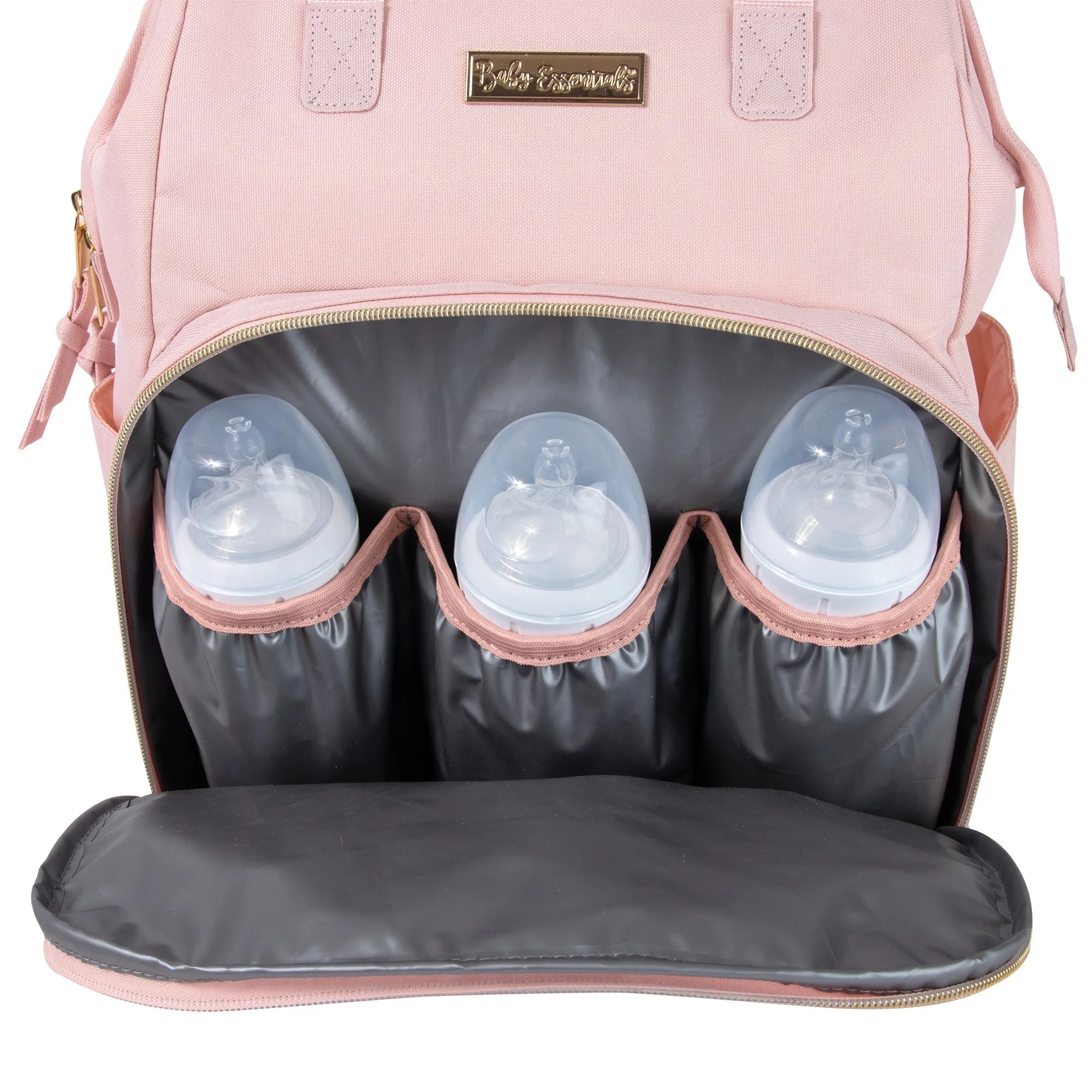 Baby Essentials Wide Opening Diaper Bag Backpack With Changing Pad And Stroller Straps - Pink