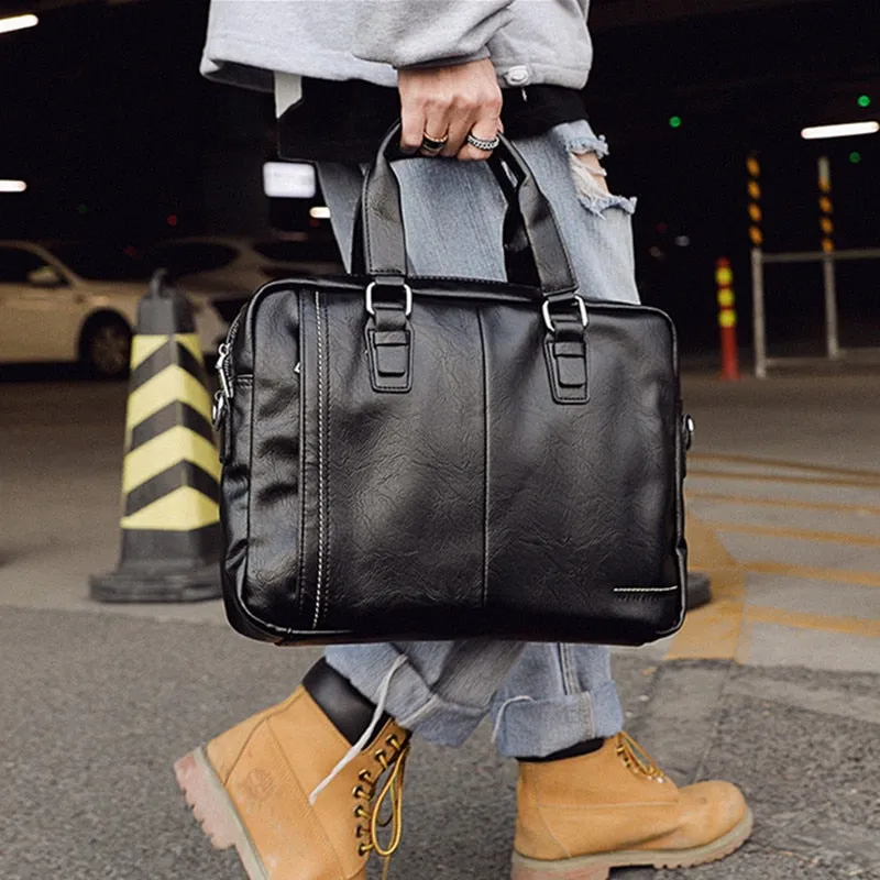 Christmas Gift Burminsa Business Men Briefcase 14inch Laptop Bags High Quality PU Leather Office Work Shoulder Bags Black Computer Bags 2021
