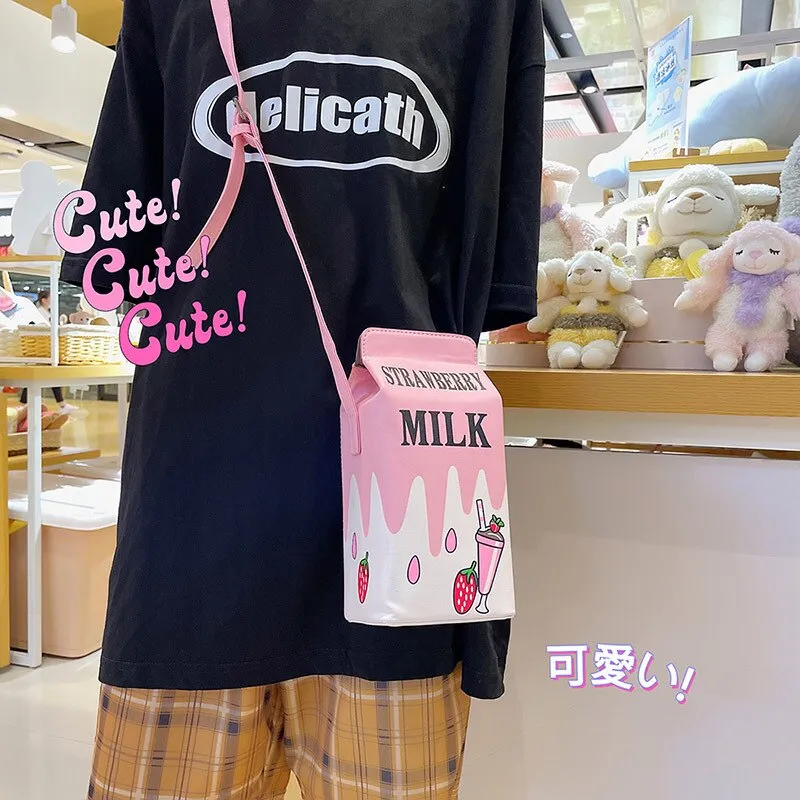 Christmas Gift Cute Milk Box Women Shoulder Bag Harajuku Strawberry Drink Crossbody Bags for Women Lemon Cartoon Printed Funny Purse 2021 Flap