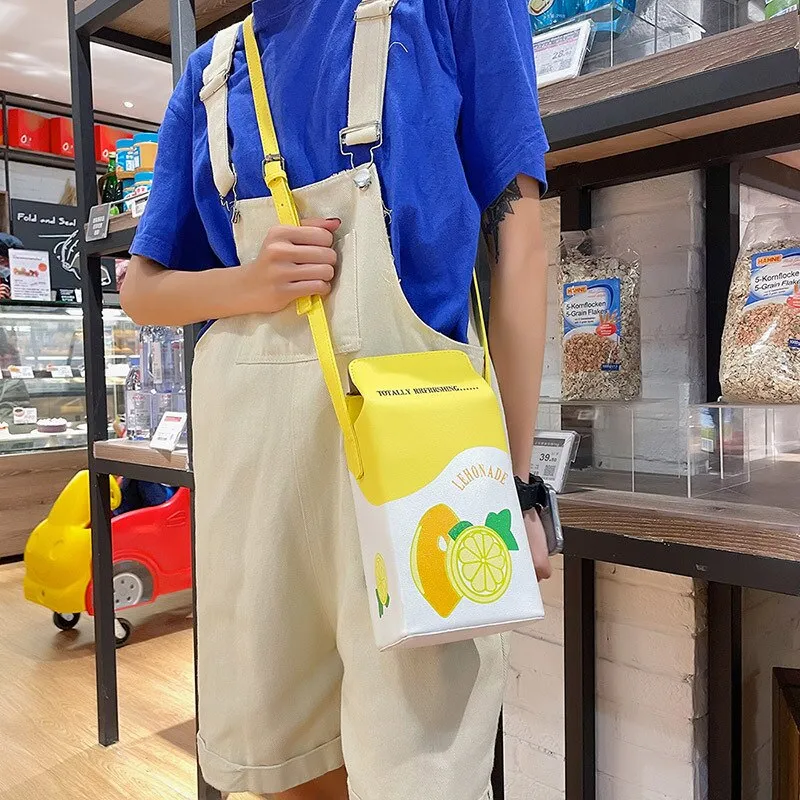 Christmas Gift Cute Milk Box Women Shoulder Bag Harajuku Strawberry Drink Crossbody Bags for Women Lemon Cartoon Printed Funny Purse 2021 Flap