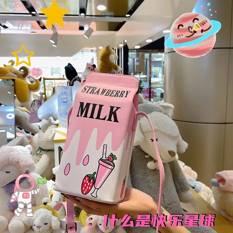 Christmas Gift Cute Milk Box Women Shoulder Bag Harajuku Strawberry Drink Crossbody Bags for Women Lemon Cartoon Printed Funny Purse 2021 Flap