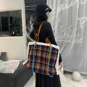 Christmas Gift Faux Woolen Plaid Large Shoulder Bags for Women Designer Winter Ladies Shopper Bag Big Fashion Female Tote Handbag Furry