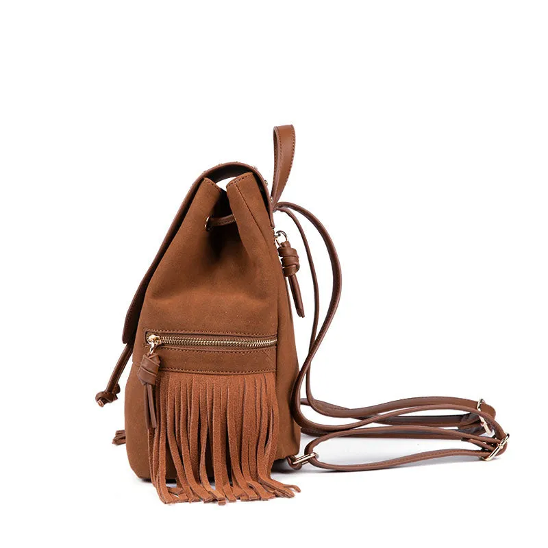 Cool Ladies Western Brown Vegan Leather Fringe Backpack Purse For Women
