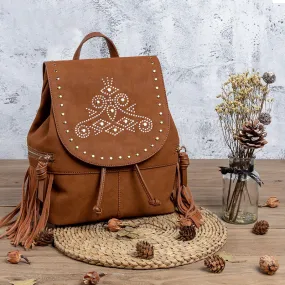 Cool Ladies Western Brown Vegan Leather Fringe Backpack Purse For Women