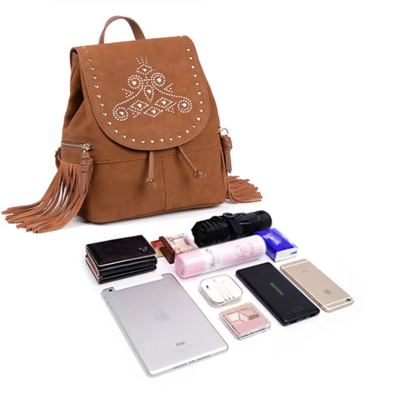 Cool Ladies Western Brown Vegan Leather Fringe Backpack Purse For Women