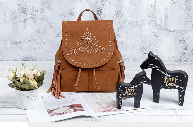Cool Ladies Western Brown Vegan Leather Fringe Backpack Purse For Women