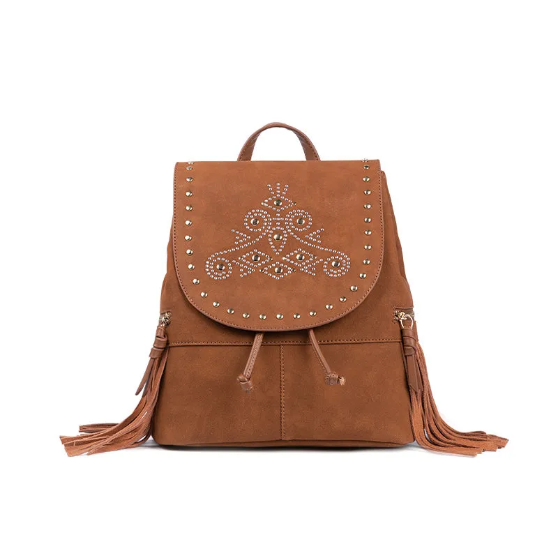Cool Ladies Western Brown Vegan Leather Fringe Backpack Purse For Women