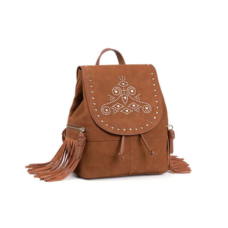 Cool Ladies Western Brown Vegan Leather Fringe Backpack Purse For Women