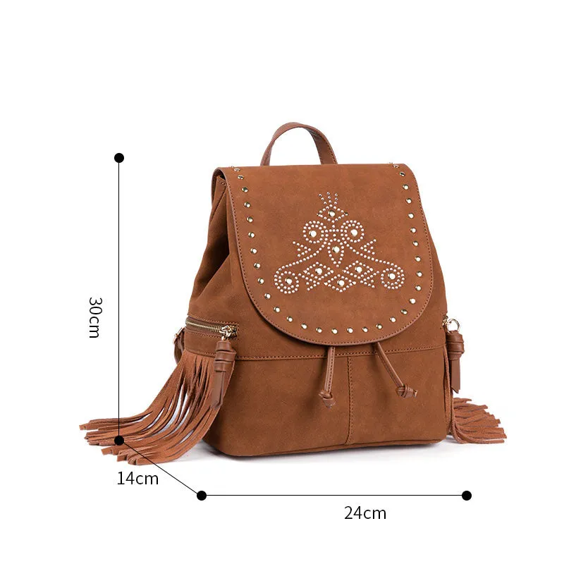 Cool Ladies Western Brown Vegan Leather Fringe Backpack Purse For Women
