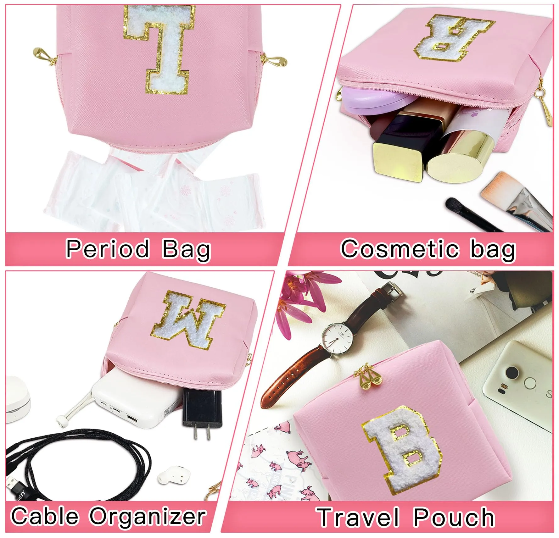 COSHAYSOO 2Pcs Initial Letter Makeup Bags Small Cosmetic Period Pouch Sanitary Napkin Travel Necessities Must Have Everywhere Purse for Teenager Girl Cheerleading Team Stuff Organizer Gift Pink L