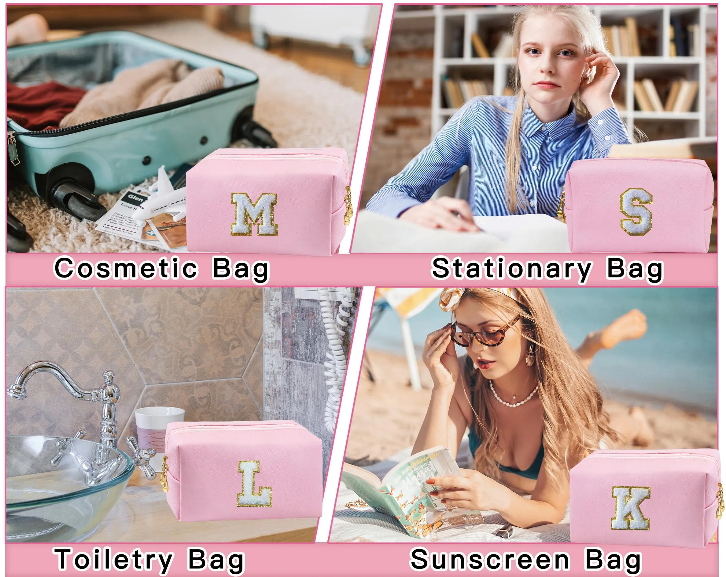 COSHAYSOO 2Pcs Initial Letter Makeup Bags Small Cosmetic Period Pouch Sanitary Napkin Travel Necessities Must Have Everywhere Purse for Teenager Girl Cheerleading Team Stuff Organizer Gift Pink L