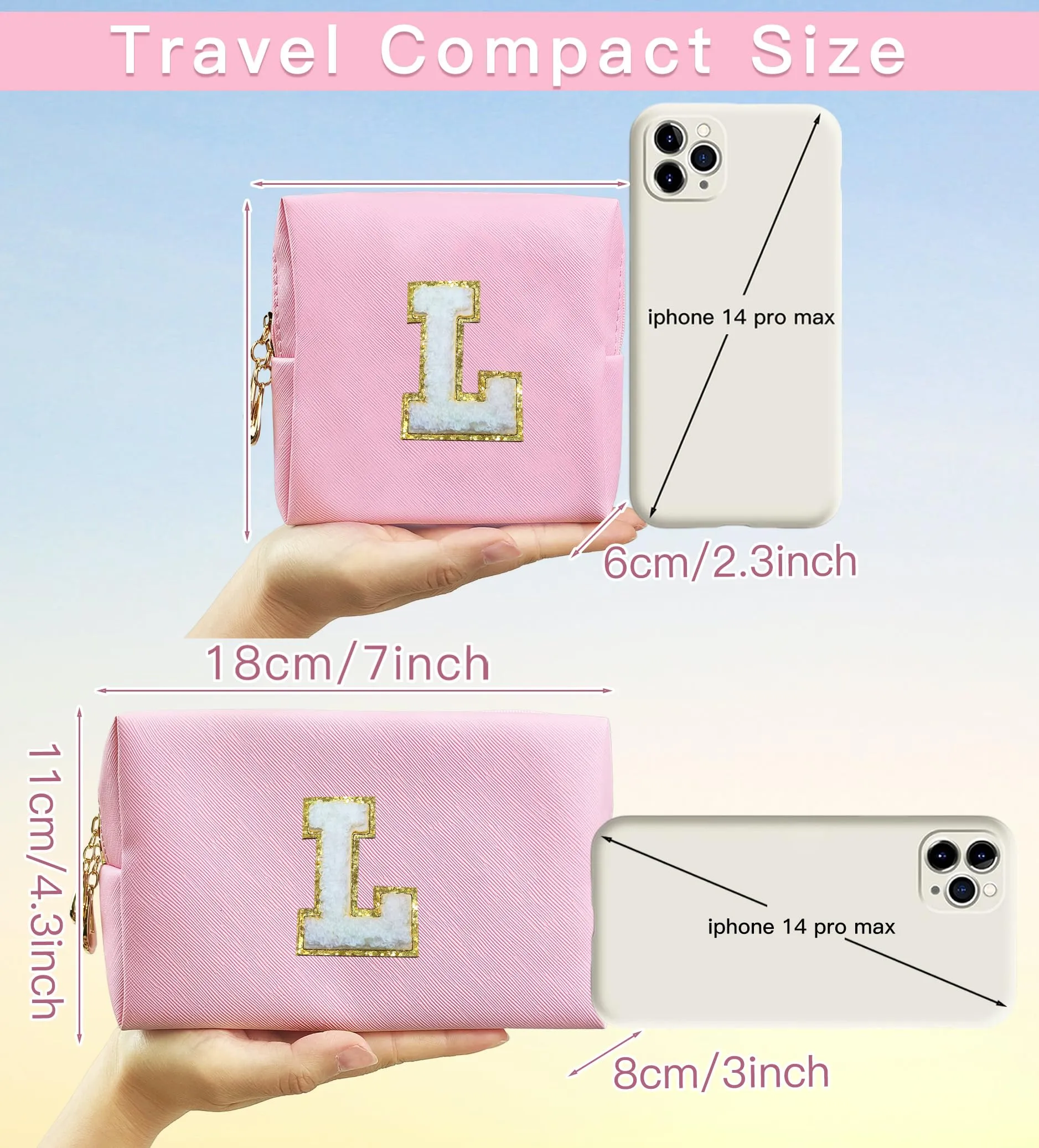 COSHAYSOO 2Pcs Initial Letter Makeup Bags Small Cosmetic Period Pouch Sanitary Napkin Travel Necessities Must Have Everywhere Purse for Teenager Girl Cheerleading Team Stuff Organizer Gift Pink L
