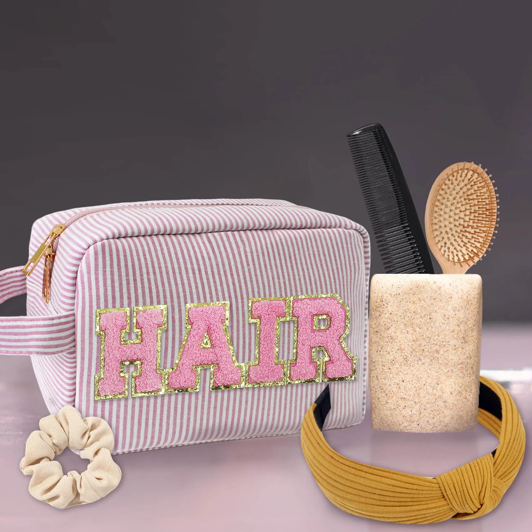COSHAYSOO Preppy Makeup Bag with Chenille Letter Patch Large Pink Striped Seersucker Cosmetic Pouch for Teen Girl Women, Cute Travel Accessories Organizer Trendy Stuff Make Up Purse Gift (HAIR)
