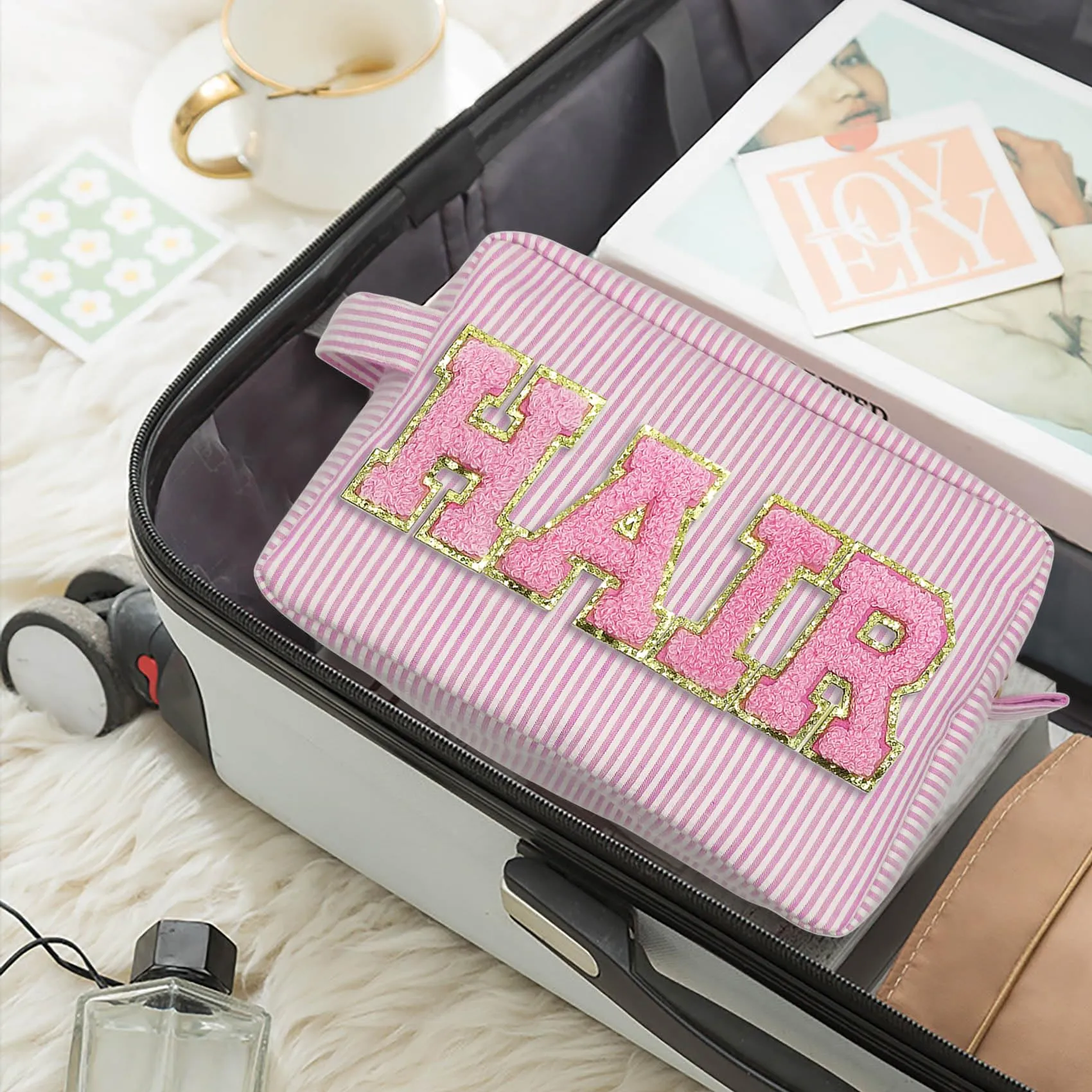COSHAYSOO Preppy Makeup Bag with Chenille Letter Patch Large Pink Striped Seersucker Cosmetic Pouch for Teen Girl Women, Cute Travel Accessories Organizer Trendy Stuff Make Up Purse Gift (HAIR)