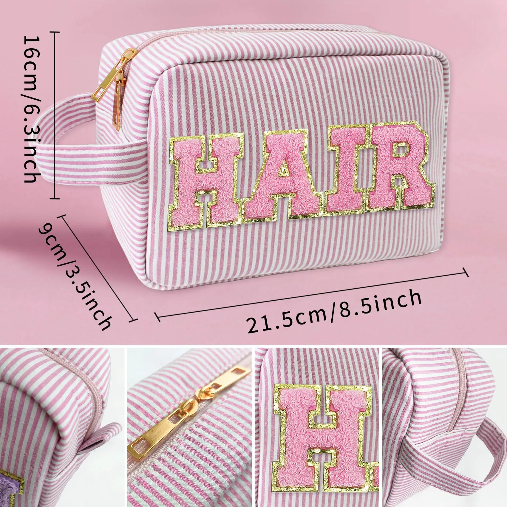 COSHAYSOO Preppy Makeup Bag with Chenille Letter Patch Large Pink Striped Seersucker Cosmetic Pouch for Teen Girl Women, Cute Travel Accessories Organizer Trendy Stuff Make Up Purse Gift (HAIR)