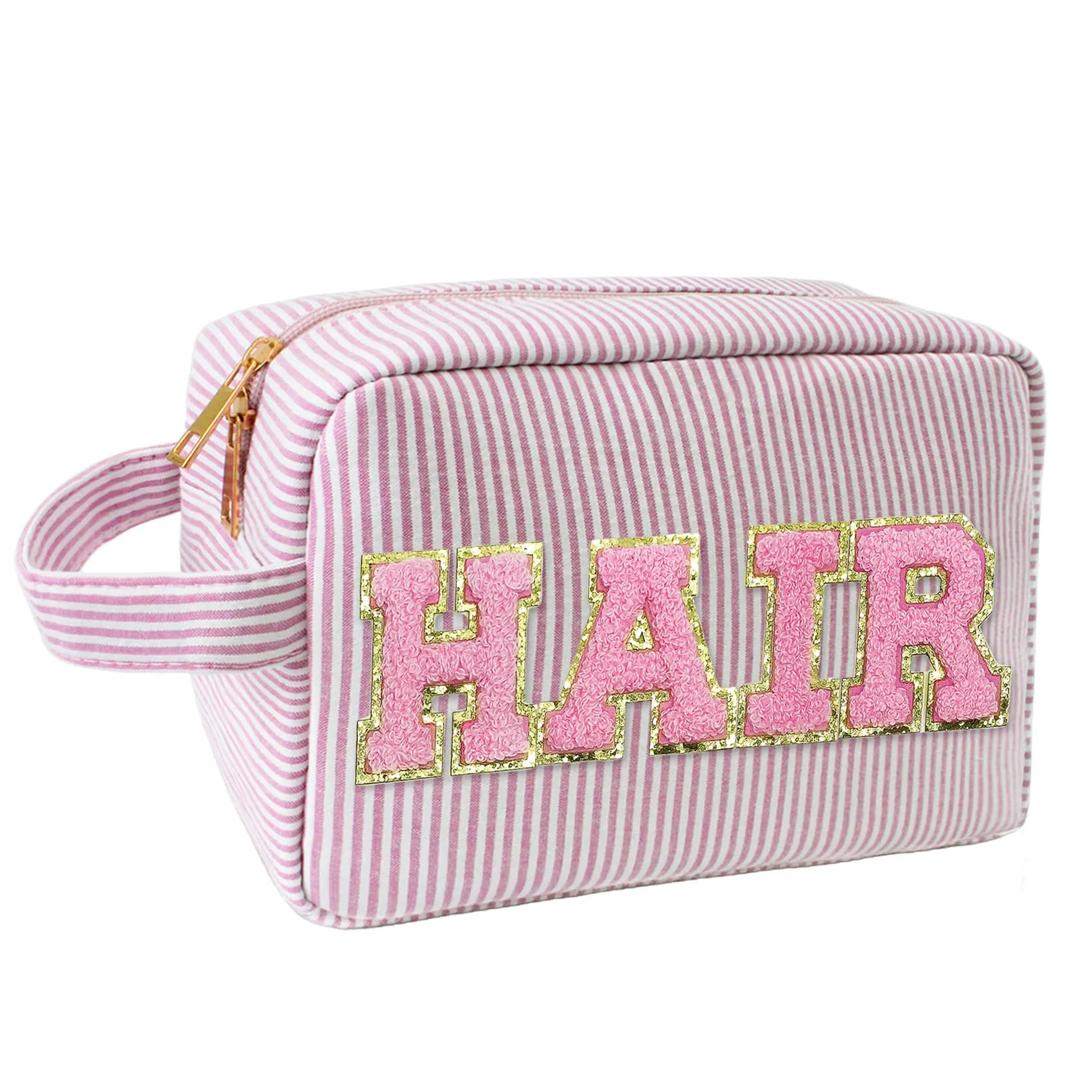 COSHAYSOO Preppy Makeup Bag with Chenille Letter Patch Large Pink Striped Seersucker Cosmetic Pouch for Teen Girl Women, Cute Travel Accessories Organizer Trendy Stuff Make Up Purse Gift (HAIR)