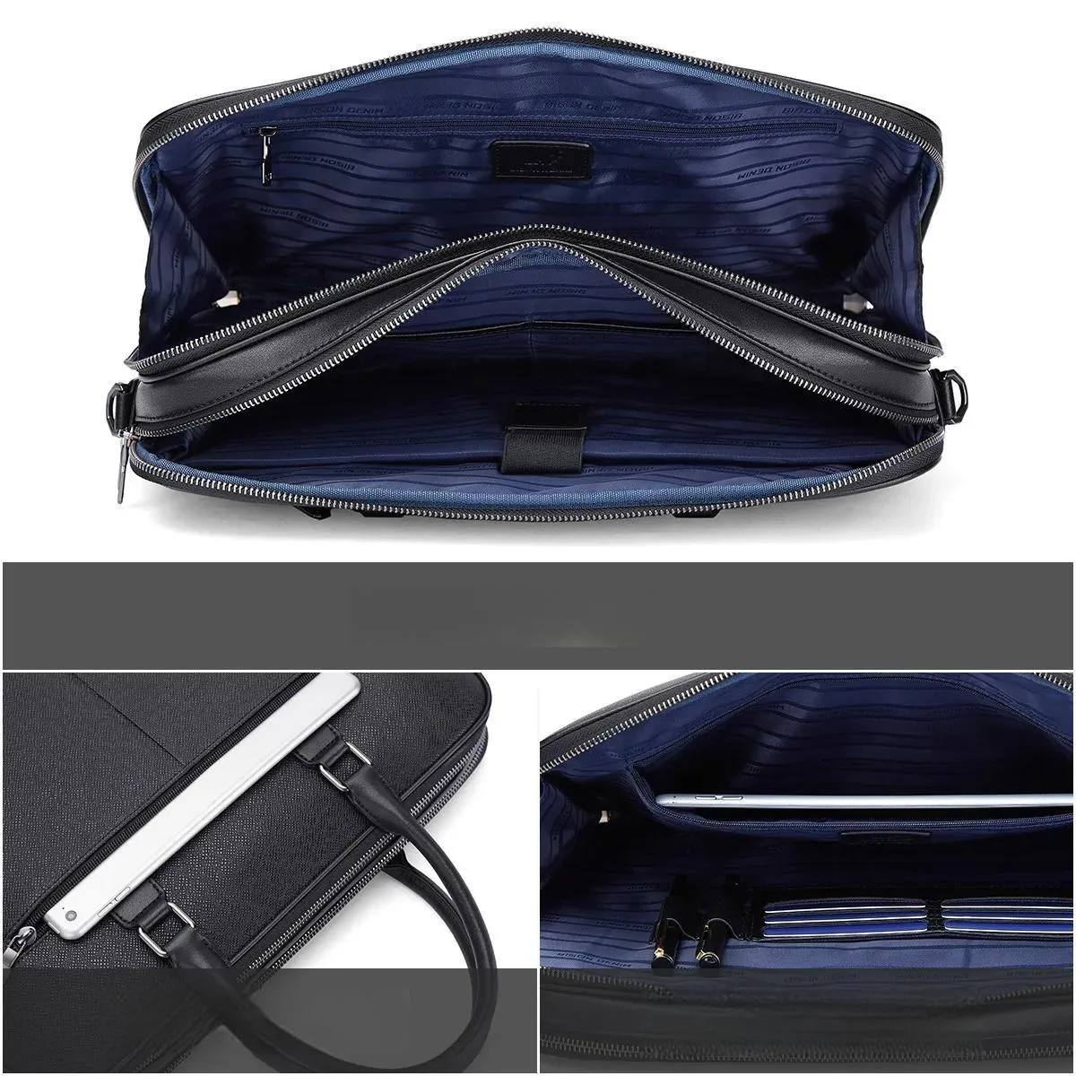 DENIM Genuine Leather Cowskin Briefcase Large Capacity Business Work Shoulder Bag