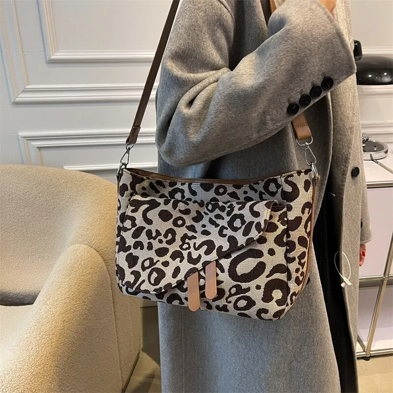 Large Vintage Leopard PU Leather Shoulder Bags for Women 2021 Winter Fashion Simple Designer Purses and Handbags