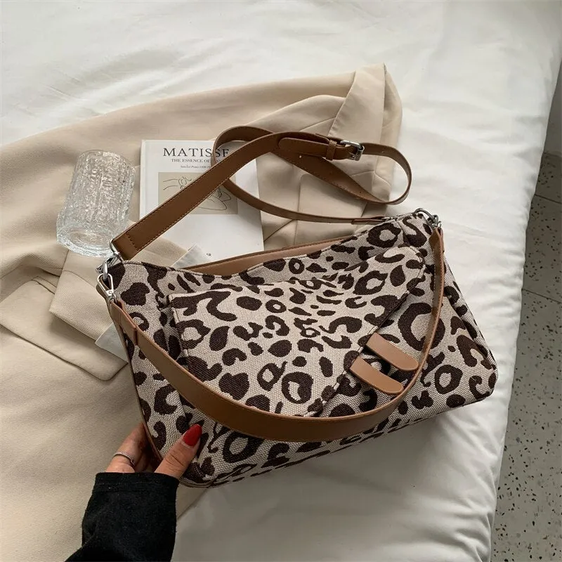 Large Vintage Leopard PU Leather Shoulder Bags for Women 2021 Winter Fashion Simple Designer Purses and Handbags