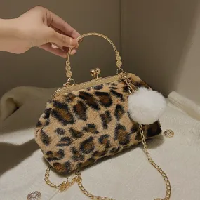 LEFTSIDE Leopard Shell Crossbody Bags Soft FAUX Fur Bucket Bags High Quality Loadies Bag Elegant 2021 Winter Cute Tote Bag