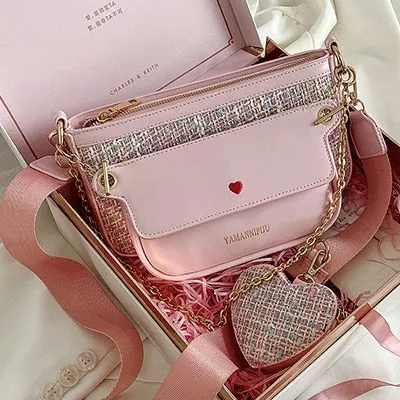 Luxury Heart Bag 2 Pcs/set Women Shoulder Bags Casual Solid Color Women Bag 2020 Chain Wide Strap Crossbody Messenger Bags Purse