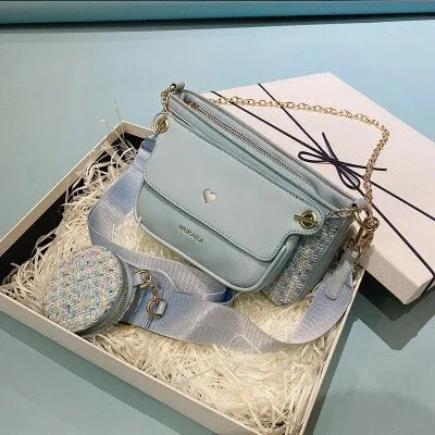 Luxury Heart Bag 2 Pcs/set Women Shoulder Bags Casual Solid Color Women Bag 2020 Chain Wide Strap Crossbody Messenger Bags Purse