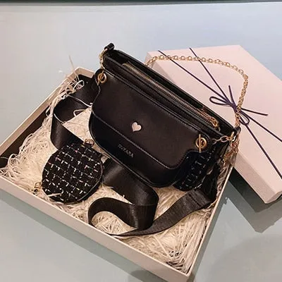 Luxury Heart Bag 2 Pcs/set Women Shoulder Bags Casual Solid Color Women Bag 2020 Chain Wide Strap Crossbody Messenger Bags Purse