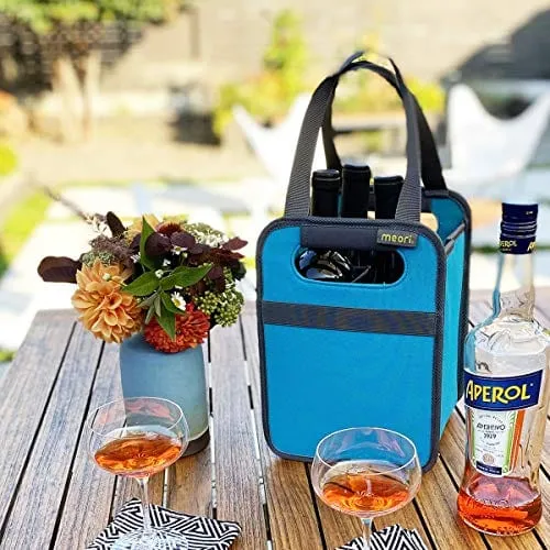 meori 4-Bottle Wine Tote Bag Collapsible Gift for Wine Lover Foldable Glass Carrying Case