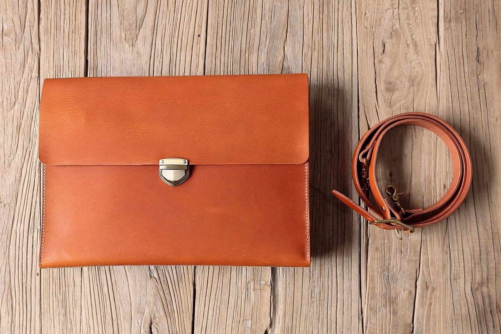 Personalized brown black vegetable tanned leather briefcase shoulder bag