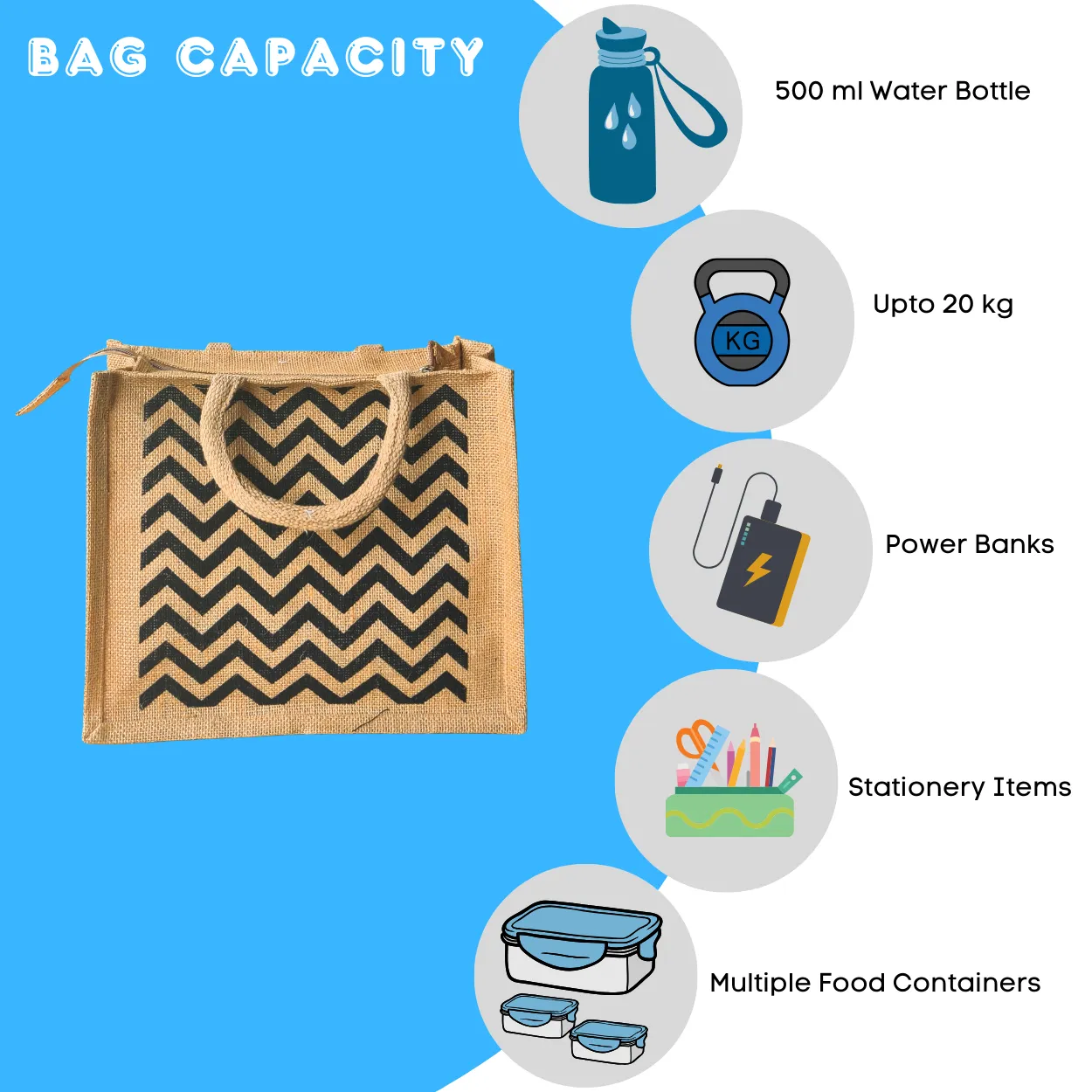 Printed Jute Regular Lunch Bag Chevron - Natural Body