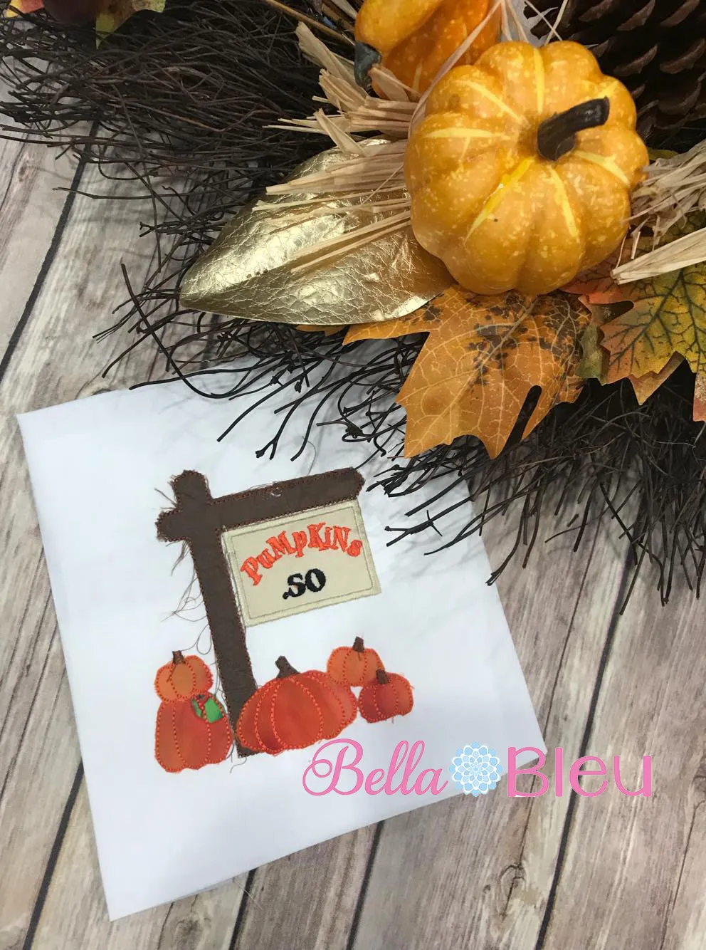 Raggy Fall Pumpkin Sign Machine Applique 8x8
