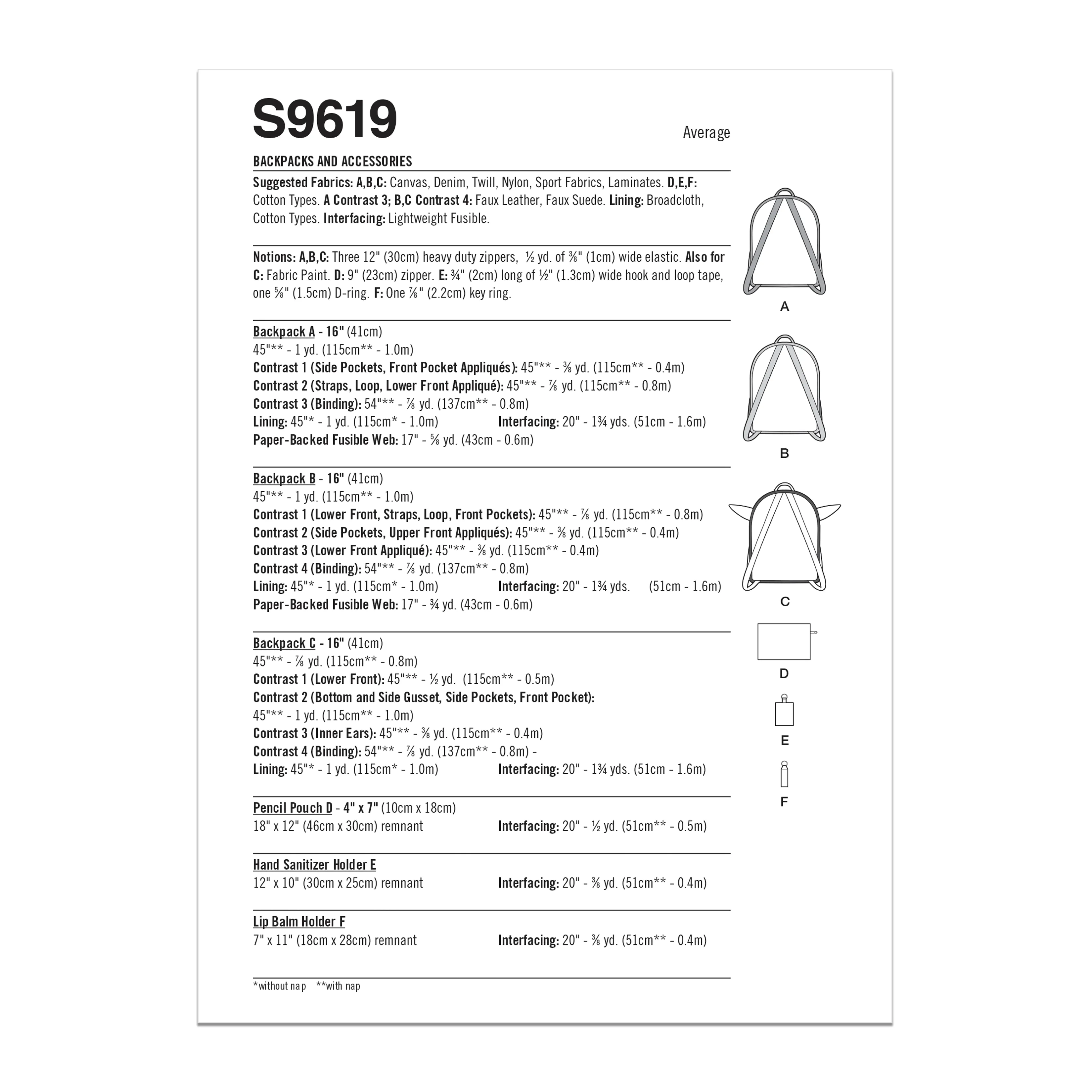 Simplicity Pattern S9619 Disney Starwars Backpack & Accessories