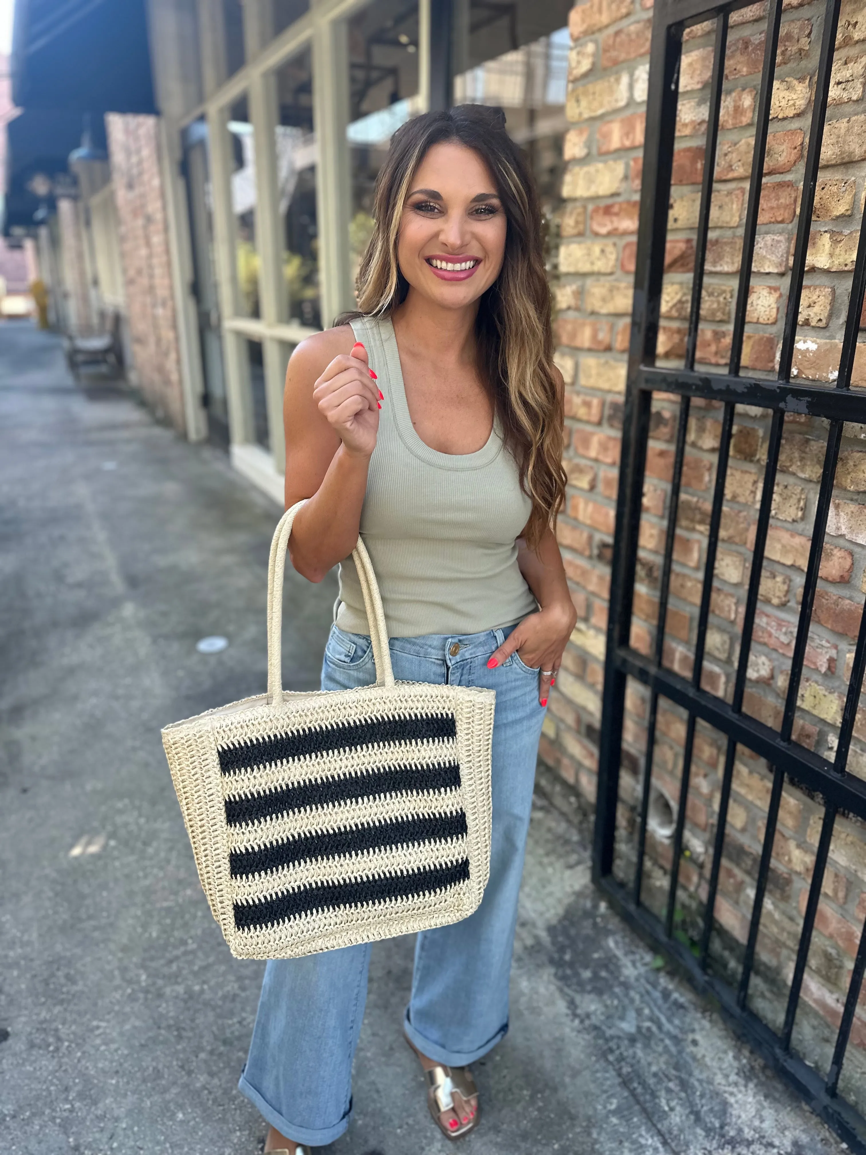 Slam Stripe Beach Bag- Black & White