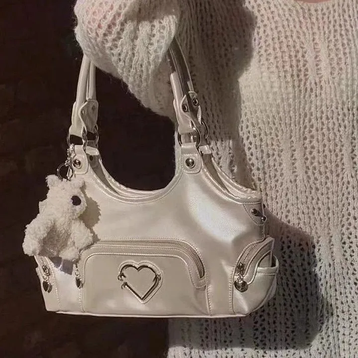 Sohiwoo Fashionable Pearl Handbag Y2k Large Capacity Underarm Bag Women's Bags Wallet Mini Bag Heart Shaped Metal Pendant
