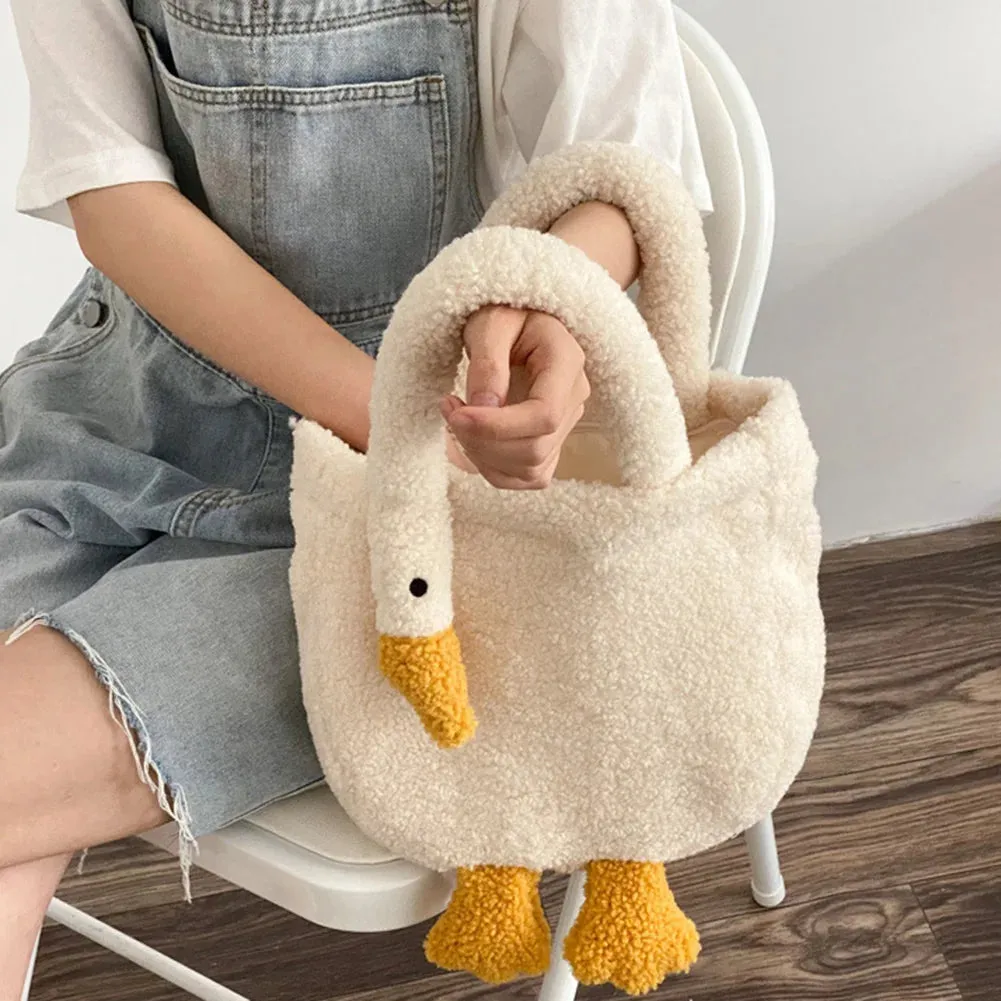 Sohiwoo Plush Big White Goose Underarm Bags Winter Fluffy Cute Tote Bags Ladies Faux Fur Handbag Women's Soft Shoulder Bags Designer Bag