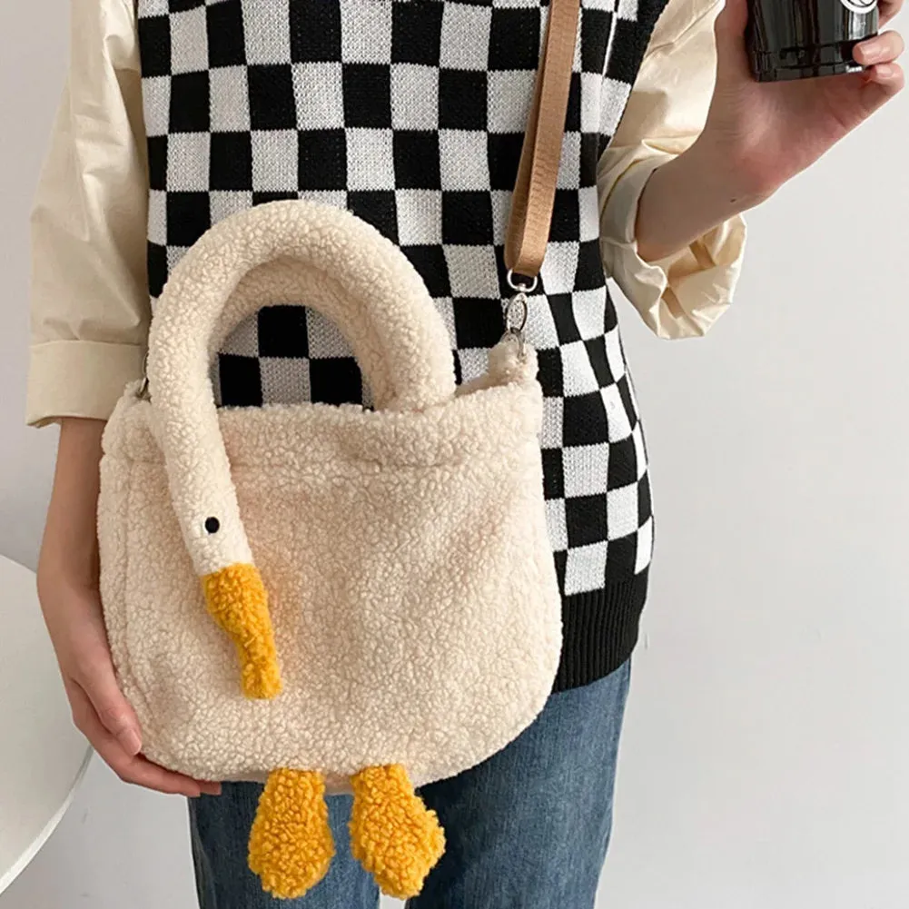 Sohiwoo Plush Big White Goose Underarm Bags Winter Fluffy Cute Tote Bags Ladies Faux Fur Handbag Women's Soft Shoulder Bags Designer Bag