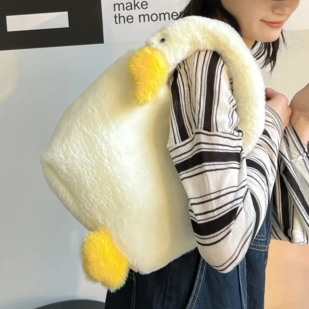 Sohiwoo Plush Big White Goose Underarm Bags Winter Fluffy Cute Tote Bags Ladies Faux Fur Handbag Women's Soft Shoulder Bags Designer Bag
