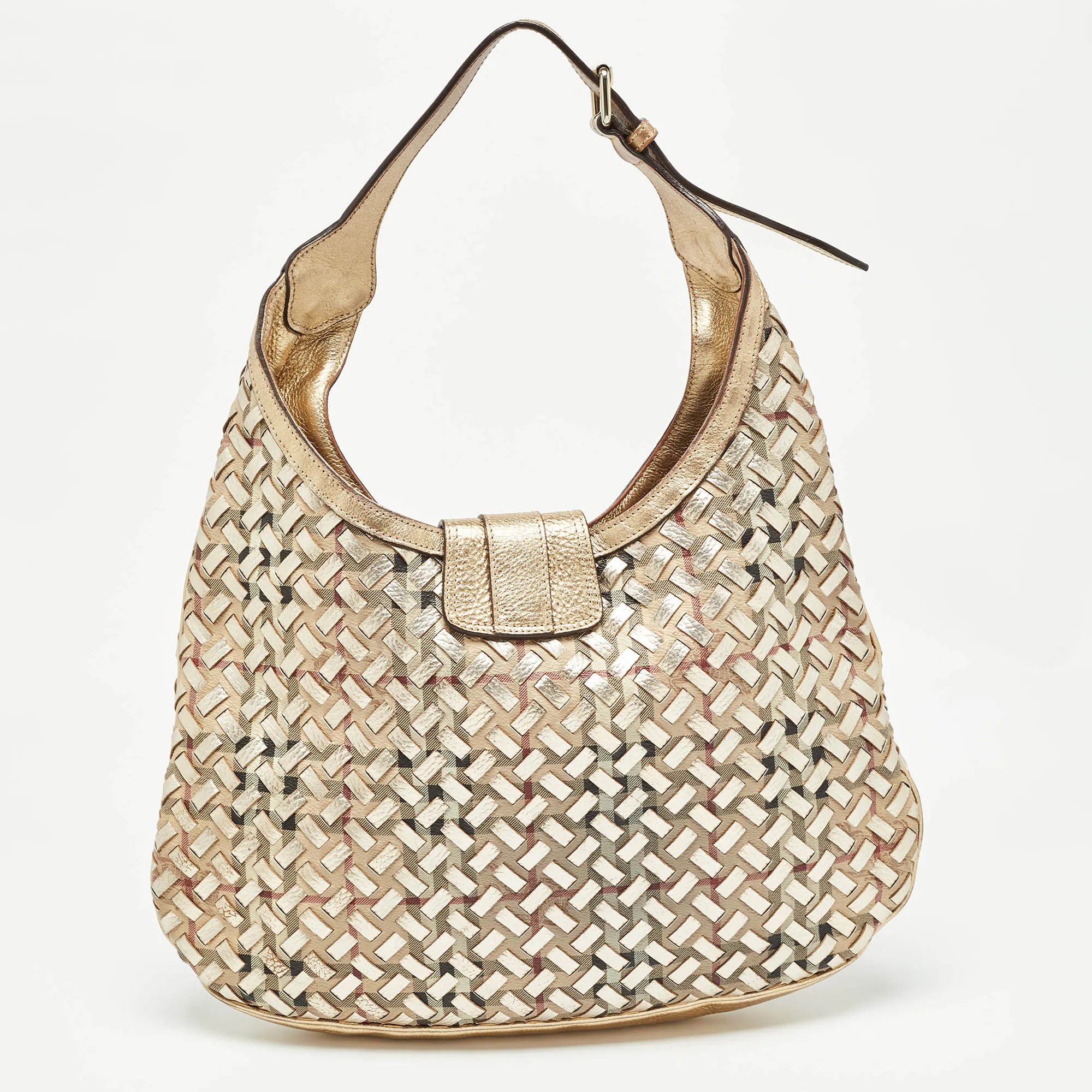 Trendy Inspired Burberry Gold/beige Haymarket Check Pvc And Leather Woven Brooke Hobo